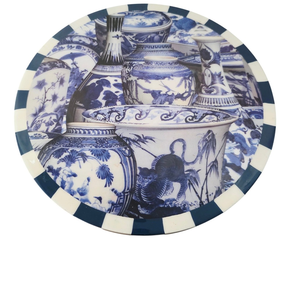 NEW Chinoiserie Decoupage Cake Stand Server Display‎ Blue White Decor